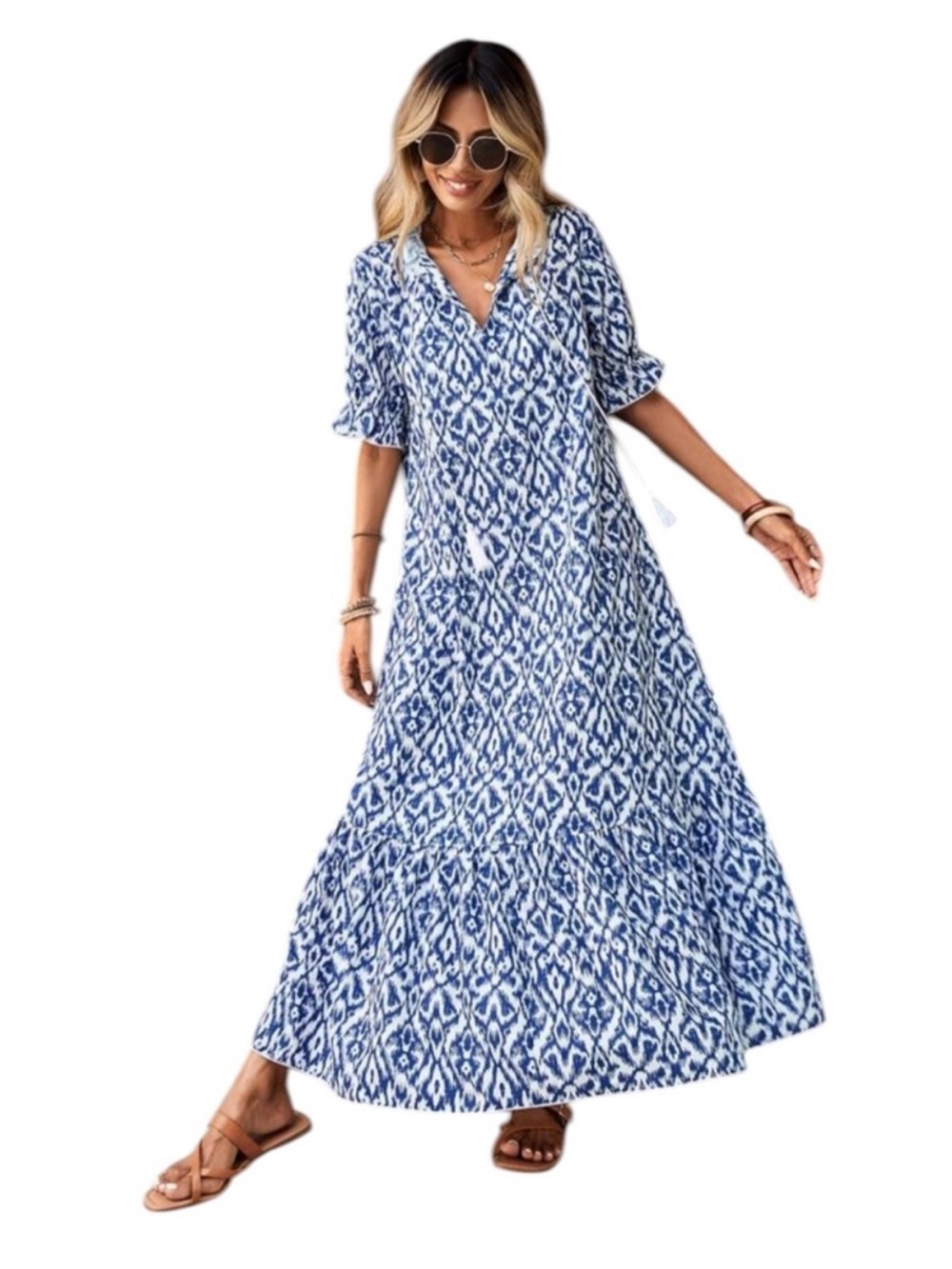 NORACORA Blue & White Ikat MAXI DRESS size M
